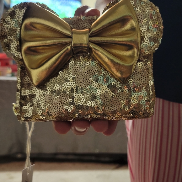 Disney Loungefly Rose Gold Sequined Mickey Head on Gold Sequined Bow Wallet - Picture 3 of 5